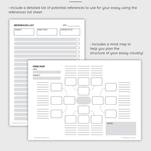 May include: A printable worksheet with a references list and mind map for planning an essay. The references list has columns for subject, essay topic, and citation style. The mind map has a central circle with branches for different sections of the essay.