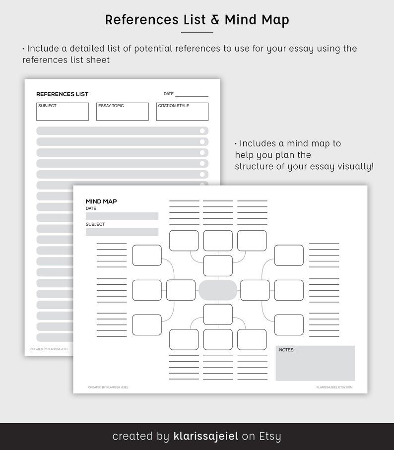May include: A printable worksheet with a references list and mind map for planning an essay. The references list has columns for subject, essay topic, and citation style. The mind map has a central circle with branches for different sections of the essay.