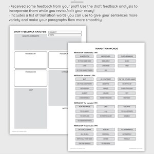 May include: A printable worksheet for analyzing feedback on a draft essay. The worksheet includes sections for general comments, subject, topic, feedback, change, keep, and notes. The second page of the worksheet includes a list of transition words to use in place of common phrases like "additionally", "however", "for example", and "to conclude".