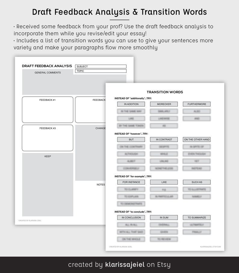 May include: A printable worksheet for analyzing feedback on a draft essay. The worksheet includes sections for general comments, subject, topic, feedback, change, keep, and notes. The second page of the worksheet includes a list of transition words to use in place of common phrases like "additionally", "however", "for example", and "to conclude".