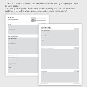 May include: A printable essay outline template with sections for research question, introduction, body paragraphs, conclusion, and word count. The template is designed to help writers organize their thoughts and create a detailed breakdown of their essay.