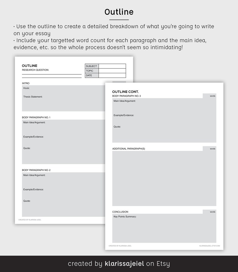 May include: A printable essay outline template with sections for research question, introduction, body paragraphs, conclusion, and word count. The template is designed to help writers organize their thoughts and create a detailed breakdown of their essay.