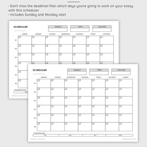 May include: Black and white printable planner with the title "Scheduler". The planner has a grid layout with columns for each day of the week, including Sunday and Monday. There are spaces for subject, topic, and due date. The planner also includes a progress bar.