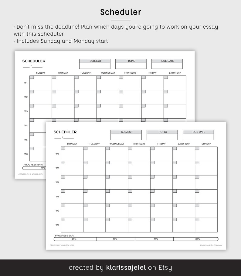 May include: Black and white printable planner with the title "Scheduler". The planner has a grid layout with columns for each day of the week, including Sunday and Monday. There are spaces for subject, topic, and due date. The planner also includes a progress bar.