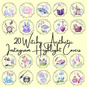 May include: A set of 20 watercolour Instagram highlight covers with a witchy theme. Each cover showcases a unique design, such as crystals, potions, mushrooms, and butterflies, within a circular frame. The text "20 Witchy Aesthetic Instagram Highlight Covers" is visible.