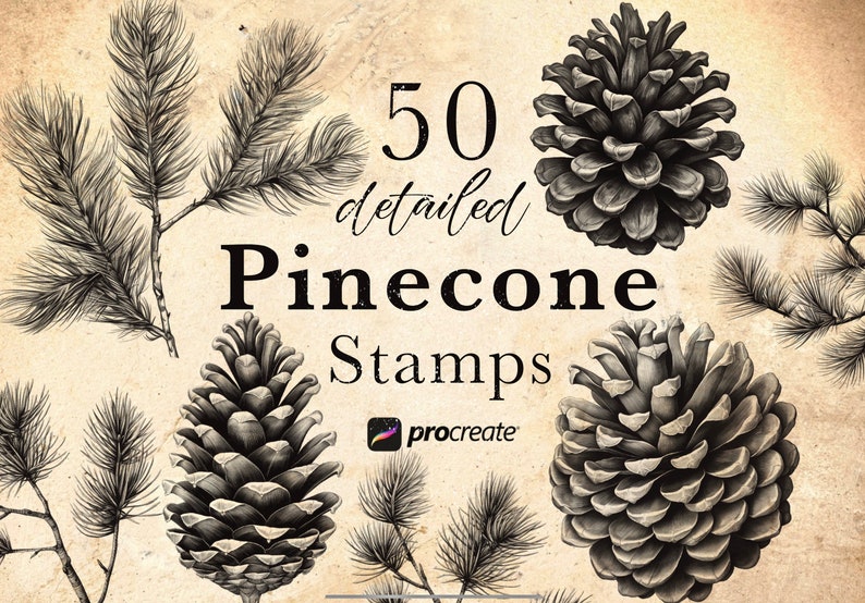 May include: A digital illustration of 50 detailed pine cone stamps for the Procreate app. The image features three pine cones and pine needles in a vintage style.