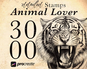 3000 Animal Lover stamp brushes set | Wildlife Procreate Bundle | Wolf Fox Bear Eagle Cat Dog Elephant Tiger Butterfly Beetle Marine life