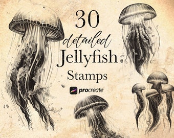 Jellyfish Procreate Stamp Brushes: 30 Detailed Ocean Animal Stamps (Digital Download)