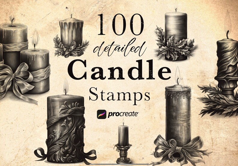 May include: A set of 100 detailed black and white candle stamps for Procreate. The stamps feature various candle designs with different shapes, sizes, and decorations, including bows, wreaths, and ornate carvings.