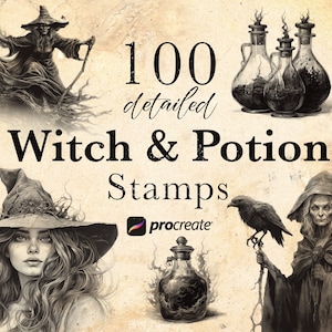 May include: A set of 100 detailed witch and potion stamps for Procreate. The stamps feature witches, potions, ravens, and other magical elements.