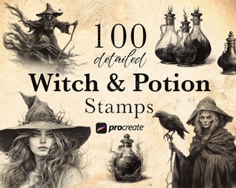 Witch & Potion Procreate Stempelpinsel | Witchy Stempel | Zaubertrank | Tattoo Referenz | Perfekt für Collagen und mehr