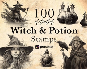 Witch & Potion Procreate Stamp Brushes | Witchy Stamps |  Magic Potion | Tattoo Reference | Perfect for collages and more