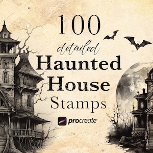 May include: A digital illustration of 100 detailed haunted house stamps for Procreate. The image features two spooky houses with a full moon in the background.