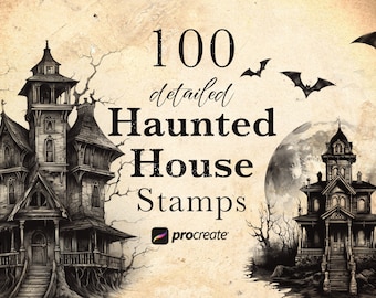 100 Haunted House Procreate Stamp Brushes: Halloween & Bat Stamps (Digital Download)