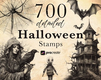 700 Halloween Procreate Stamp Bundle - Witch and Poison, clowns , zombies, ghost, vampire, werewolf, scary pumpkin procreate stamps