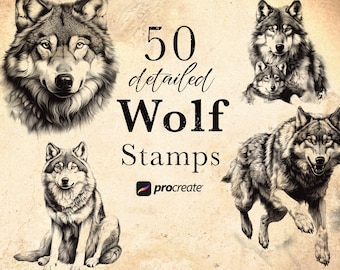 50 Wolf Procreate Stamp Brushes: Wildlife Tattoo Reference • .brushset for iPad/Apple Pencil