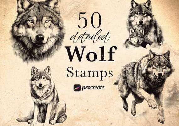 50 Wolf Procreate Stamp Brushes: Wildlife Tattoo Reference • .brushset for iPad/Apple Pencil