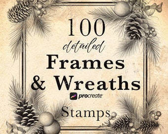 100 Wreaths and Frames Procreate brush Stamps | snowy Christmas ornaments , gift boxes, Winter Christmas Procreate Brushes