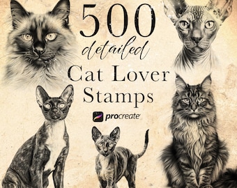 Cat Breed Procreate Stamp Brushes: 500 Animal Stamps (Digital Download)