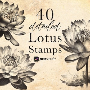 Pode incluir: 40 selos detalhados de flores de lótus em preto e branco para Procreate. Os selos são de estilo vintage com um fundo texturizado.