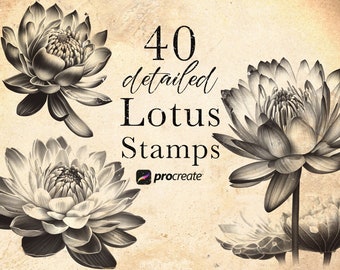 Lotus Flower Procreate Stamp Brush Set: Botanical Tattoo Stamps (40)