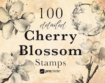 100 Cherry Blossom Procreate Stamp Brushes: Botanical Tattoo Stamps • .brushset for iPad/Apple Pencil