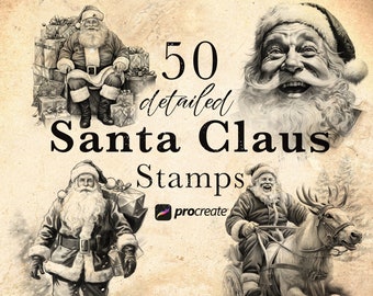 50 Santa Claus Procreate brush Stamps | detailed portrait, gift boxes, Santa Claus walking different poses - Christmas stamp brushes