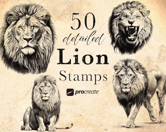 50 Löwe Procreate Stempelpinsel | Wildtier Tier Zeugung Stempel | Afrikanisches Leben Set | Tier zeugen | Tattoo Referenz Mikrorealismus