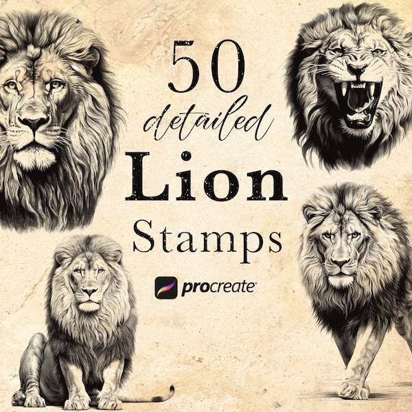 50 pinceaux de tampon Lion Procreate | Timbres de procréation d'animaux sauvages | Ensemble de vie africaine | Procréer des animaux | Microréalisme de référence de tatouage