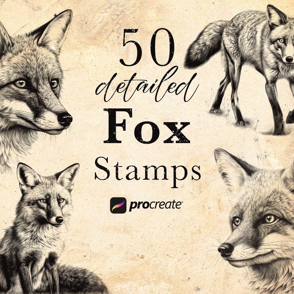 50 pinceaux de tampon Fox Procreate | Timbres de procréation d'animaux sauvages | Ensemble de vie forestière | Procréer des animaux | Microréalisme de référence de tatouage