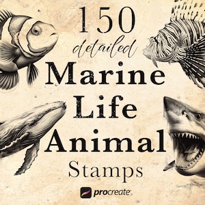 Puede incluir: 150 sellos detallados de animales marinos para Procreate. La imagen muestra una ilustración en blanco y negro de una ballena, un tiburón, un pez león y un pez payaso.