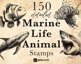 150 Marine Life Animal Procreate Stamp Brushes | Ocean Life Stamps | Underwater Set | Shark Whale Clownfish Sea Lion & more - Tattoo Stencil