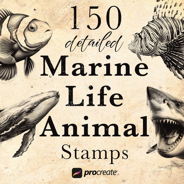 150 Marine Life Animal Procreate Stamp Brushes | Ocean Life Stamps | Underwater Set | Shark Whale Clownfish Sea Lion & more - Tattoo Stencil