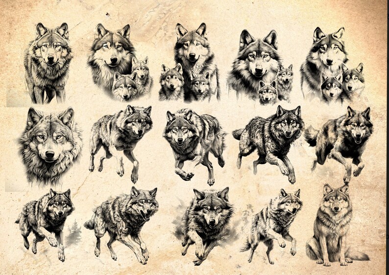 Puede incluir: Una colecci&oacute;n de 18 dibujos en blanco y negro de lobos en varias poses. Algunos lobos est&aacute;n de pie, otros corriendo y otros aullando. Los dibujos est&aacute;n sobre un fondo beige.