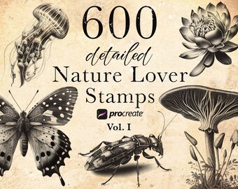 600 Nature Procreate Stamp Brushes: Butterflies, Mushrooms, Insects (Vol. 1) (Digital Download)