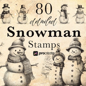 May include: 80 detailed snowman stamps for Procreate. The stamps are drawn in black and white pencil and feature various snowman designs.