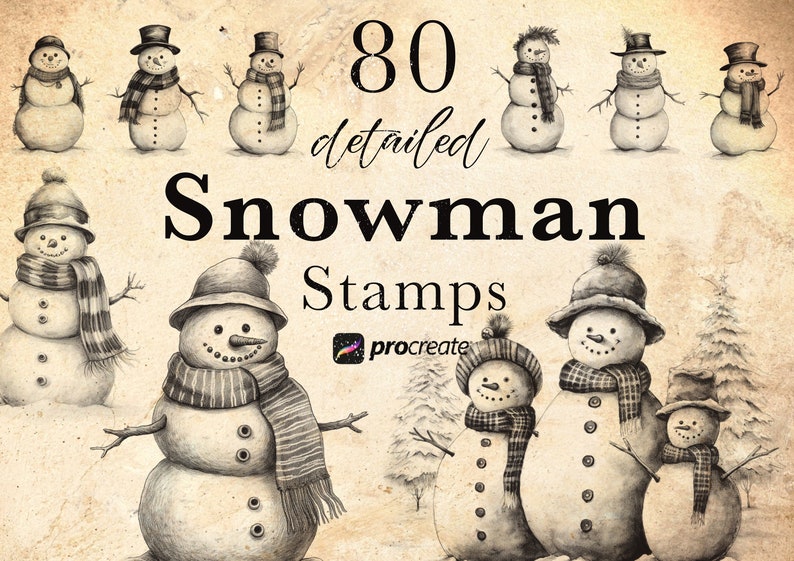 May include: 80 detailed snowman stamps for Procreate. The stamps are drawn in black and white pencil and feature various snowman designs.