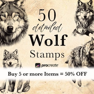 Puede incluir: Un conjunto de 50 sellos de lobo detallados para Procreate. La imagen muestra cinco ilustraciones de lobos diferentes en blanco y negro. Tambi&eacute;n se puede ver el texto "50 sellos de lobo detallados" y "Compre 5 art&iacute;culos o m&aacute;s = 50% de descuento".