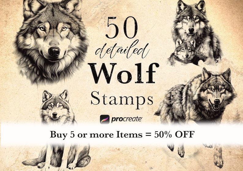 Puede incluir: Un conjunto de 50 sellos de lobo detallados para Procreate. La imagen muestra cinco ilustraciones de lobos diferentes en blanco y negro. Tambi&eacute;n se puede ver el texto "50 sellos de lobo detallados" y "Compre 5 art&iacute;culos o m&aacute;s = 50% de descuento".