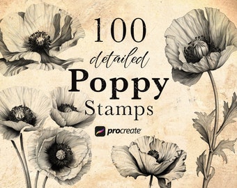 Poppy Flower Procreate Stamp Brushes: Botanical Tattoo Stamps (100) • .brushset for iPad/Apple Pencil