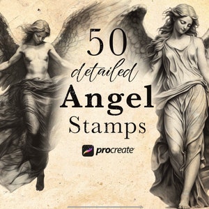 May include: A digital illustration of two angels with wings, one with flowing robes and the other with a more sculpted look. The text "50 detailed Angel Stamps" and the Procreate logo are also visible.