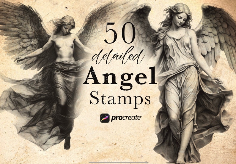 May include: A digital illustration of two angels with wings, one with flowing robes and the other with a more sculpted look. The text "50 detailed Angel Stamps" and the Procreate logo are also visible.