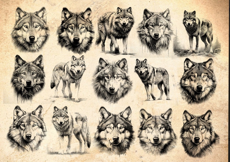 Puede incluir: Una colecci&oacute;n de 15 dibujos en blanco y negro de lobos. Los lobos se representan en varias poses, incluyendo de pie, sentados y aullando. Algunos de los lobos se muestran con la cabeza girada hacia un lado, mientras que otros miran directamente al espectador.