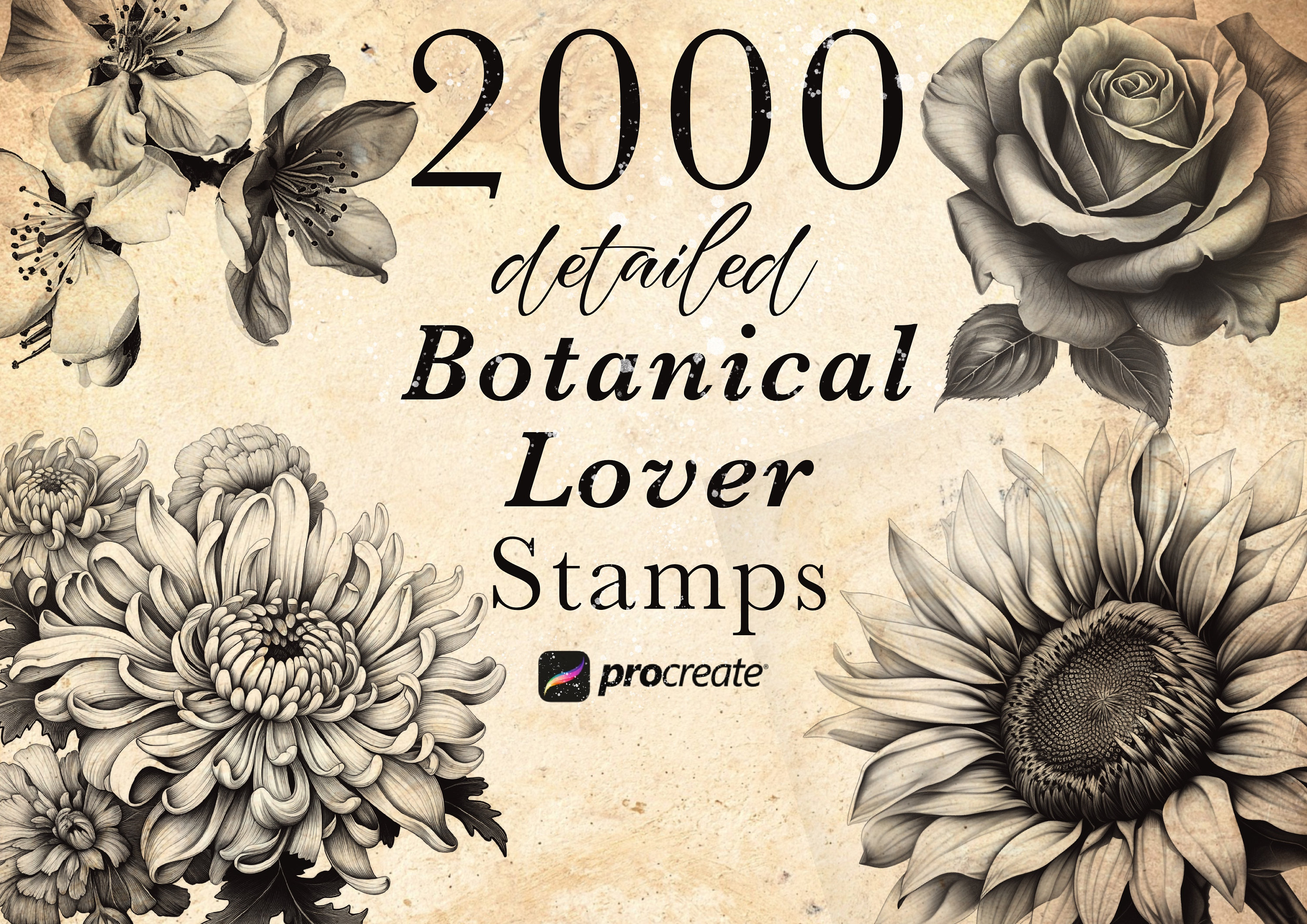 2000 Botanical Procreate Stamp Brushes Mega Bundle | Flower & Tattoo Set: Rose, Cherry Blossom, Peony, Chrysanthemum, Lily, Orchid + More