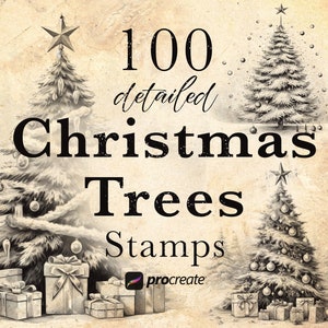 May include: A digital illustration of 100 detailed Christmas tree stamps for Procreate. The image shows three Christmas trees with ornaments and presents underneath. The trees are drawn in black and white on a vintage-style background.