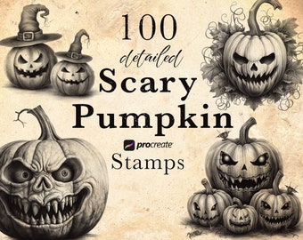 Halloween Scary Pumpkin Procreate Stamp Brushes | Halloween Stamps |  Spooky Pumpkin Faces | Jack-o'-lantern Tattoo Reference | collages