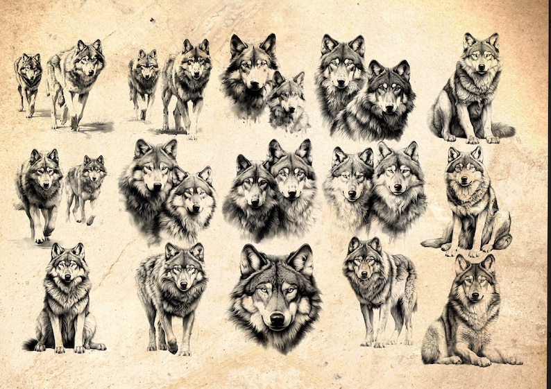 Puede incluir: Una colecci&oacute;n de 18 dibujos en blanco y negro de lobos en varias poses, incluyendo aullar, sentarse y estar de pie. Los dibujos est&aacute;n sobre un fondo beige texturizado.