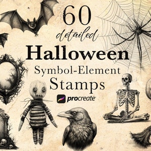 May include: 60 detailed Halloween Symbol-Element Stamps for Procreate.  The image shows a collection of spooky Halloween themed illustrations, including a spider web, a skeleton, a witch's broom, a jack-o-lantern, a crow, a tombstone, a voodoo doll, and a bat.