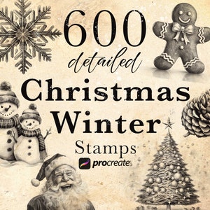 600 francobolli Procreate di Natale Inverno / Babbo Natale, renne, candele, alberi di Natale, fiocchi di neve, pupazzo di neve, angelo, pigna