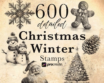 600 Christmas Winter Procreate Stamp Bundle | Santa Claus , Reindeer,  Candles, Christmas Trees, Snowflakes, Snowman, Angel, Pinecone